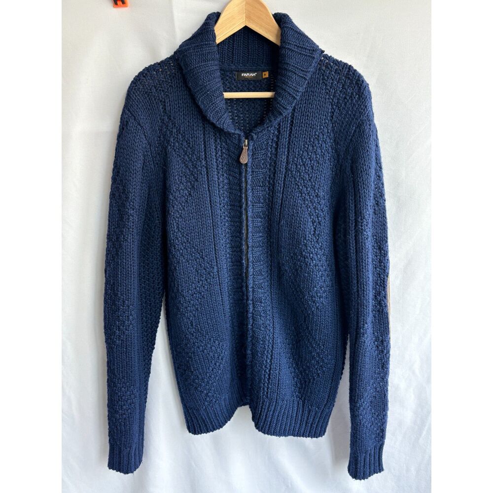 Farah Vintage 100% Wool Blue Navy Knit Full Zip Sweater M Patchwork Academia